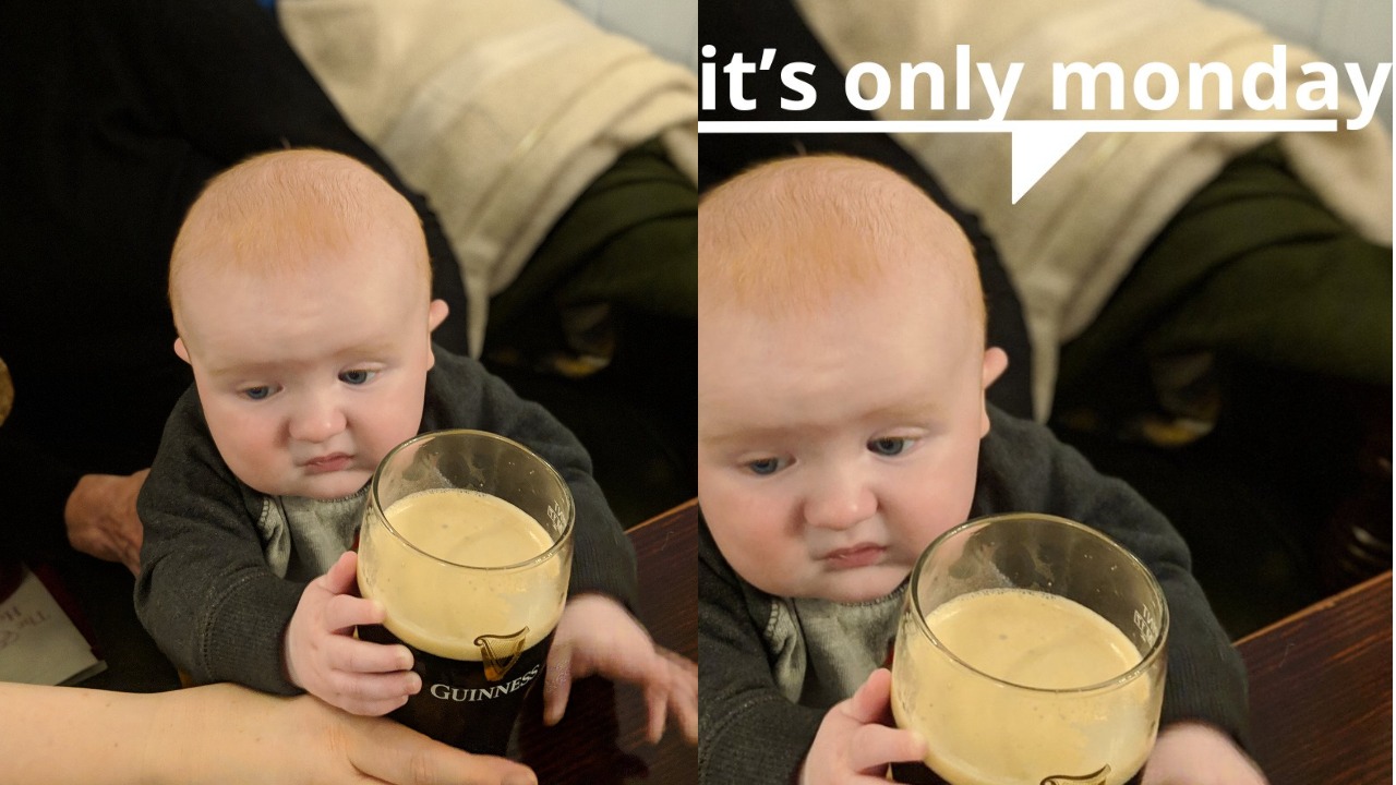 Младенец с кружкой Guinness  новый мем о тяжести бытия. В шутках он тоскует в баре в понедельник